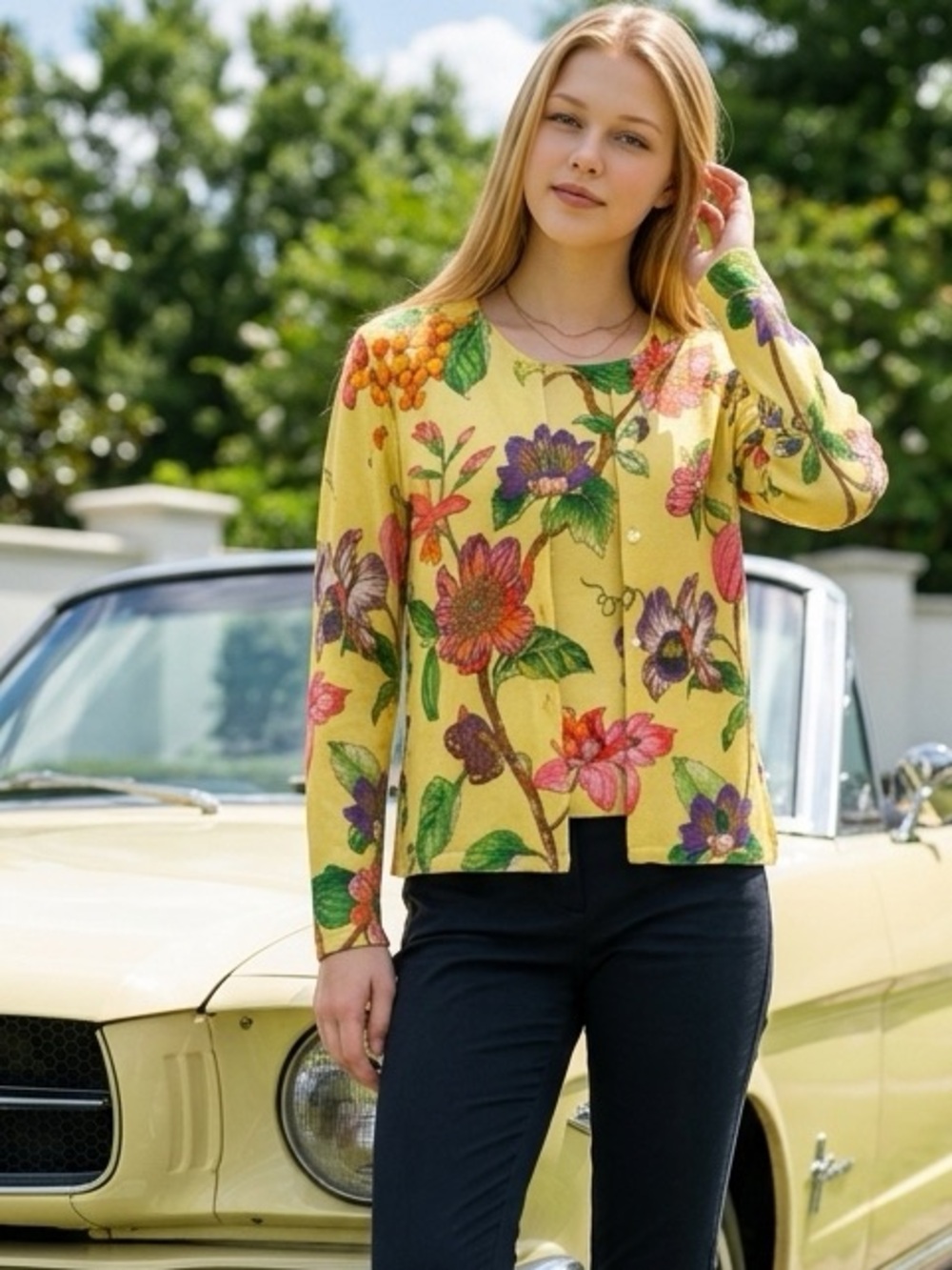 Silk Club Womens Spring 2PC Floral Silk Blend Top & Jacket Set Yellow Boho SZ M